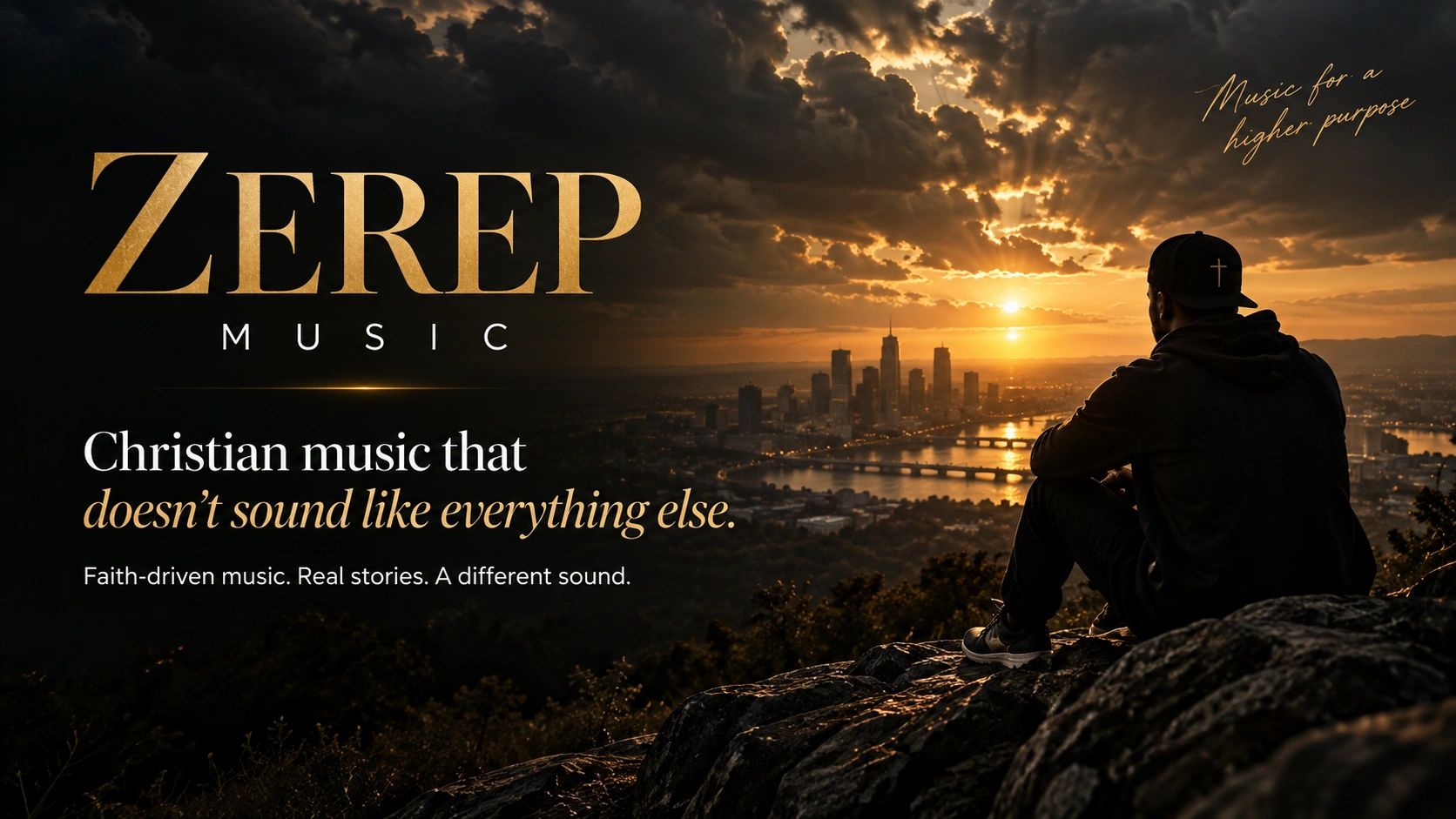 Zerep Music — Christian music that doesn’t sound like everything else. Sunset over a city, with a listener overlooking the skyline.